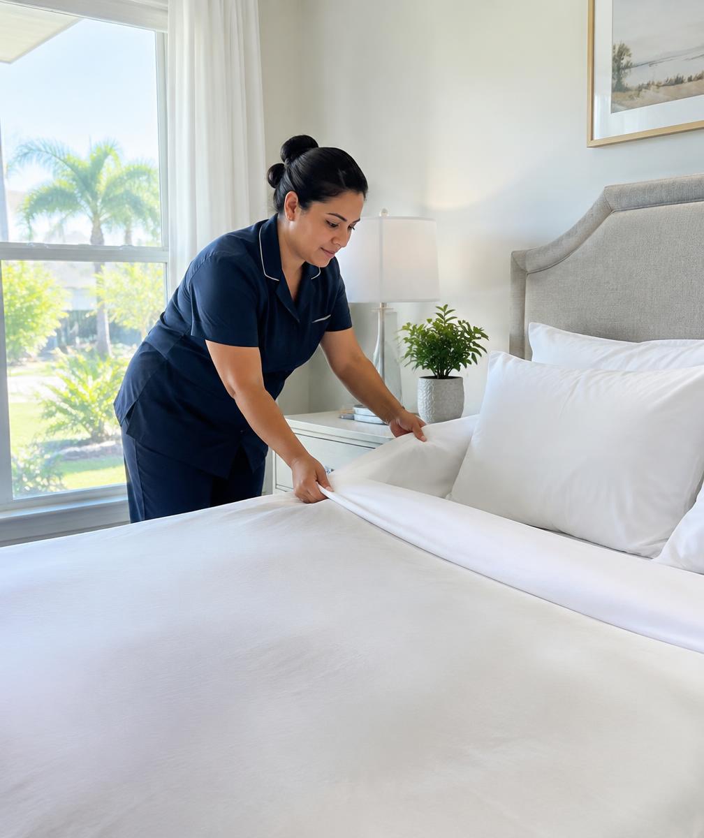 Cleaner making a bed with fresh white linens