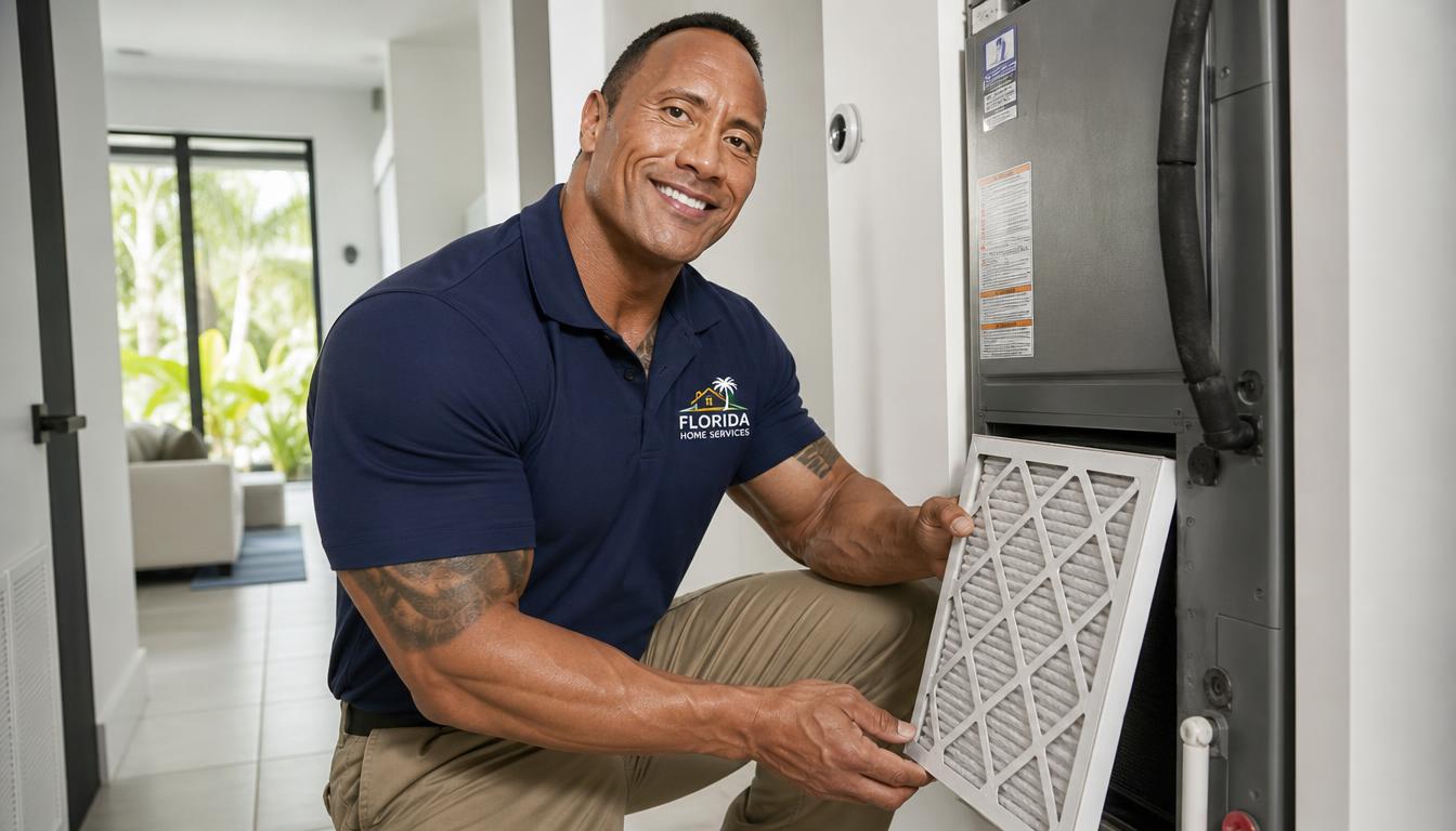 Service worker replacing the air filter on an indoor air handler with drain pan and condensate line visible