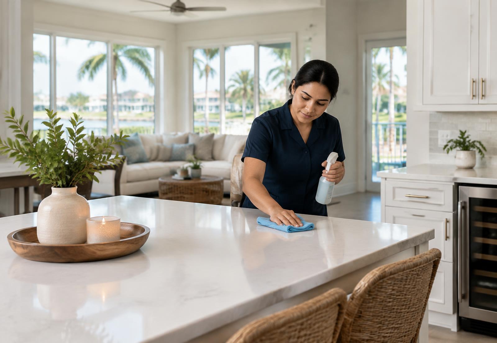 Professional cleaner wiping a kitchen island in a bright Central Florida home