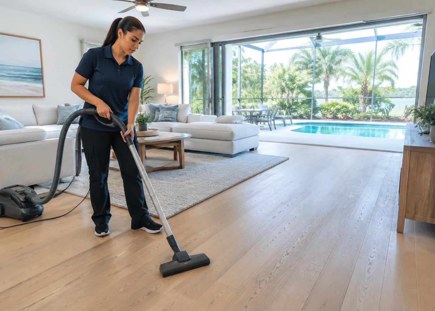 Cleaner vacuuming a living room with a pool lanai view